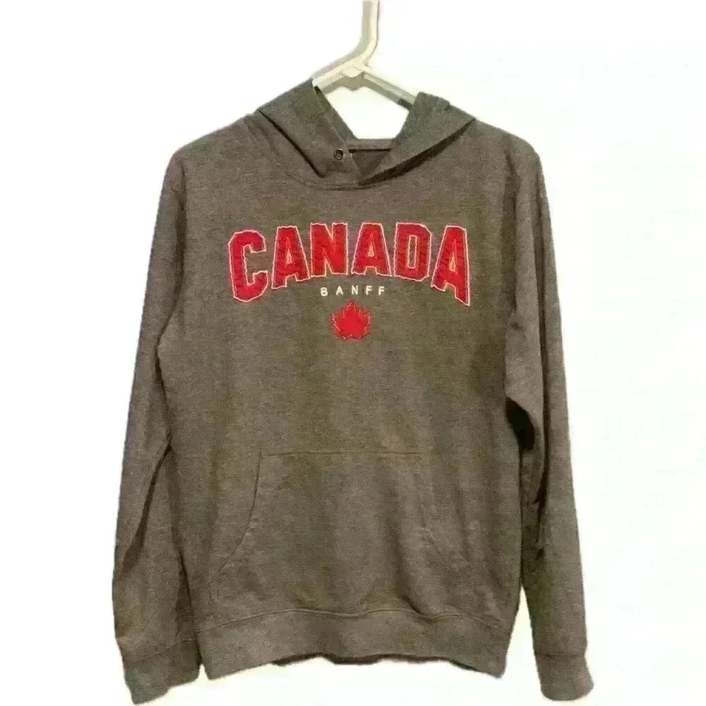 Canada Banff Gray Hoodie Lightweight Sweatshirt Maple Leaf medium Front Pocket